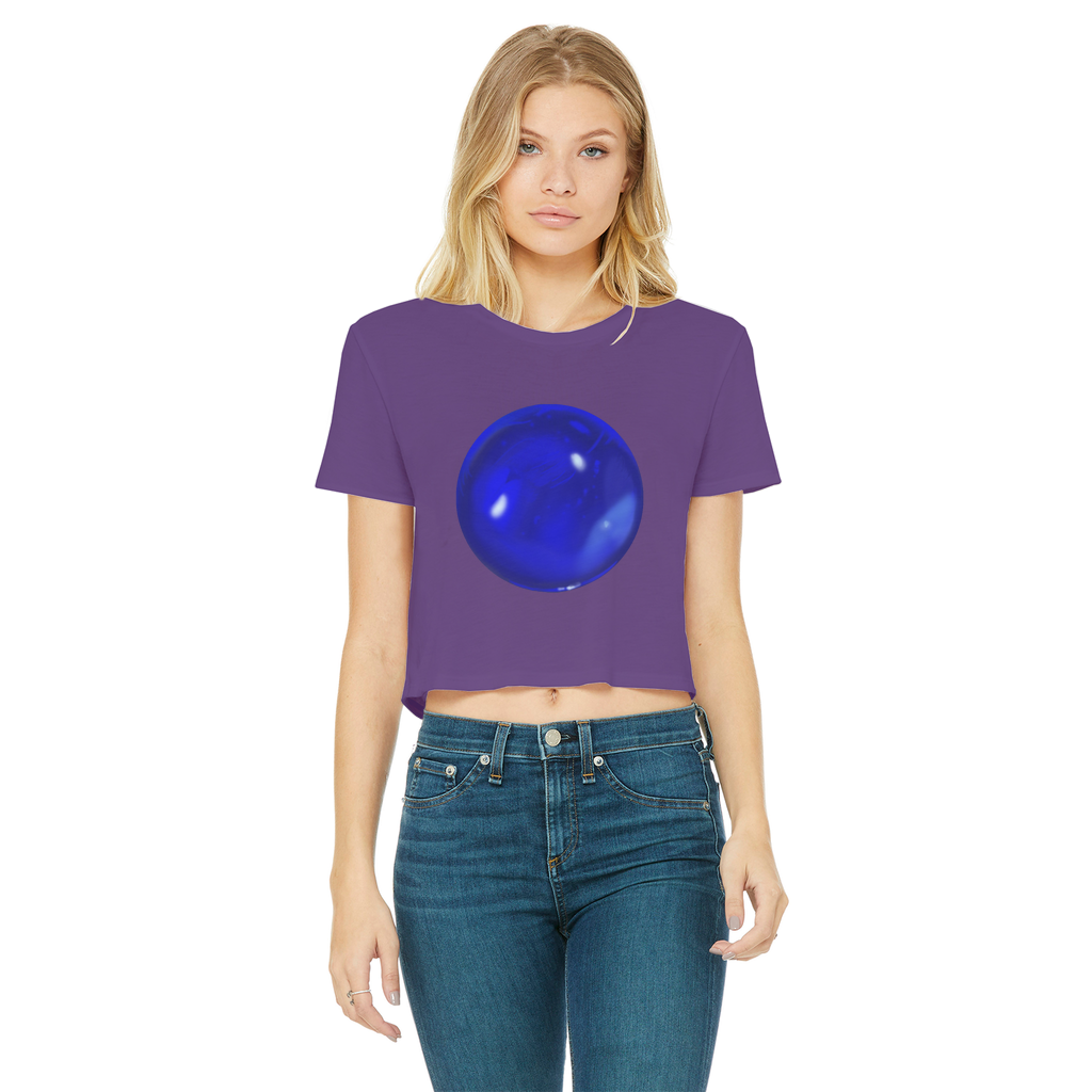 Blue Orb Classic Women's Cropped Raw Edge T-Shirt featuring a round neck, short sleeves, and a trendy raw edge hem in a vibrant blue color.