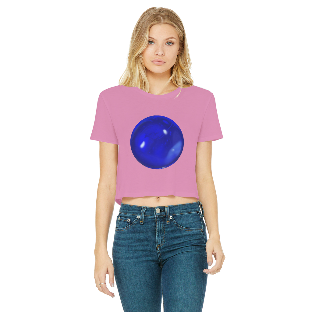 Blue Orb Classic Women's Cropped Raw Edge T-Shirt featuring a round neck, short sleeves, and a trendy raw edge hem in a vibrant blue color.