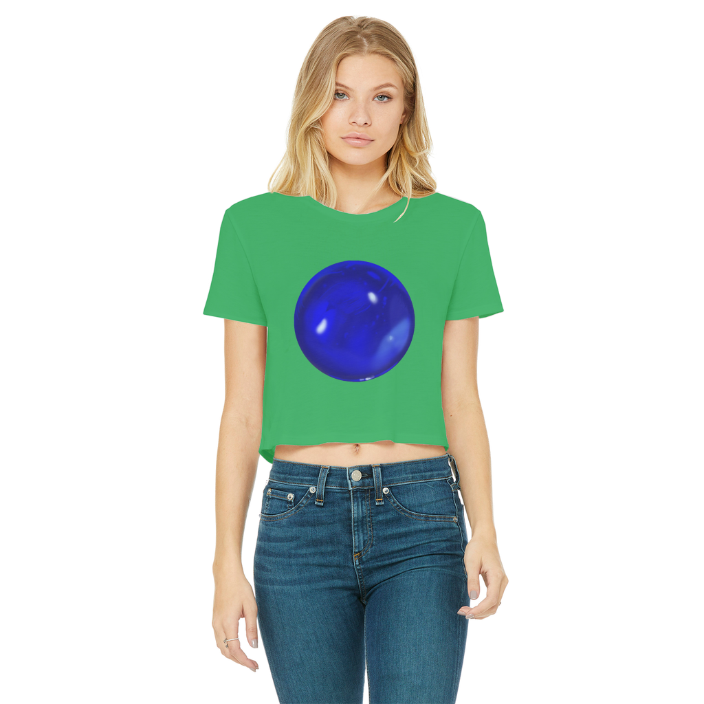 Blue Orb Classic Women's Cropped Raw Edge T-Shirt featuring a round neck, short sleeves, and a trendy raw edge hem in a vibrant blue color.