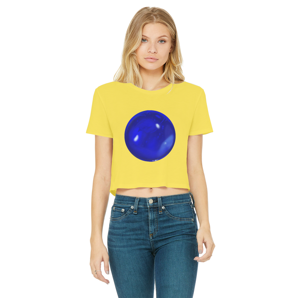 Blue Orb Classic Women's Cropped Raw Edge T-Shirt featuring a round neck, short sleeves, and a trendy raw edge hem in a vibrant blue color.