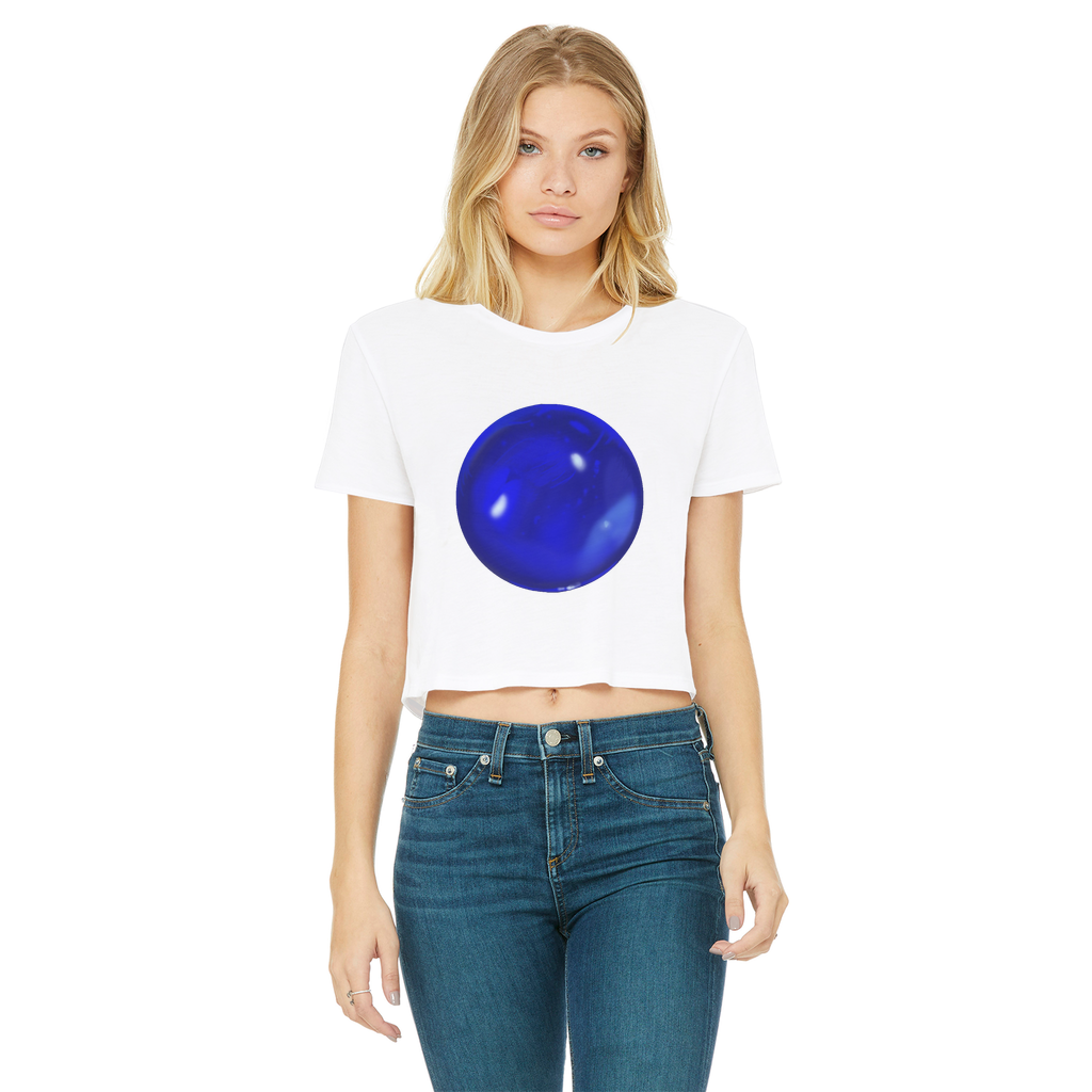 Blue Orb Classic Women's Cropped Raw Edge T-Shirt featuring a round neck, short sleeves, and a trendy raw edge hem in a vibrant blue color.