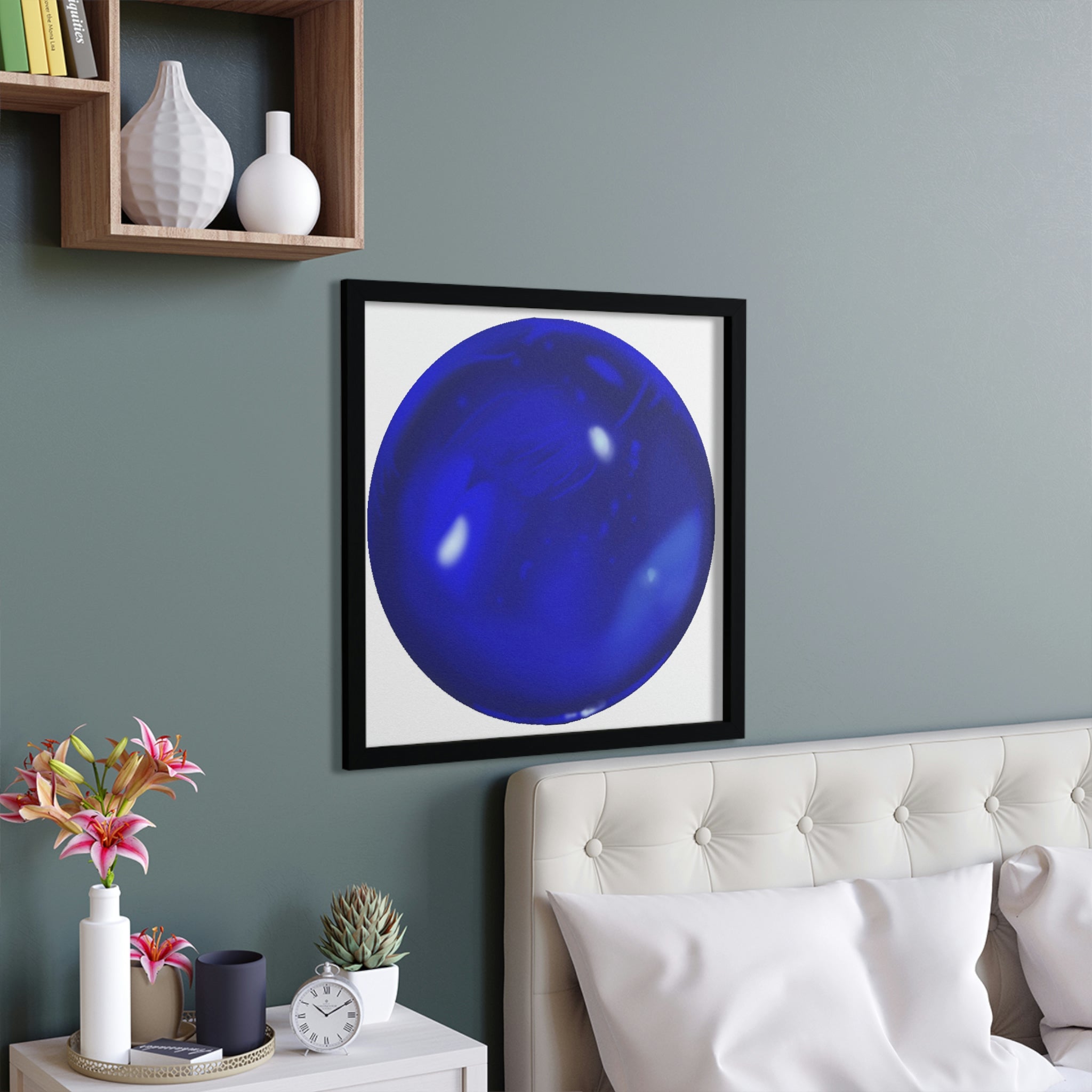 A beautifully framed Blue Orb poster showcasing vibrant colors and a hand-crafted wooden frame, perfect for home decor.