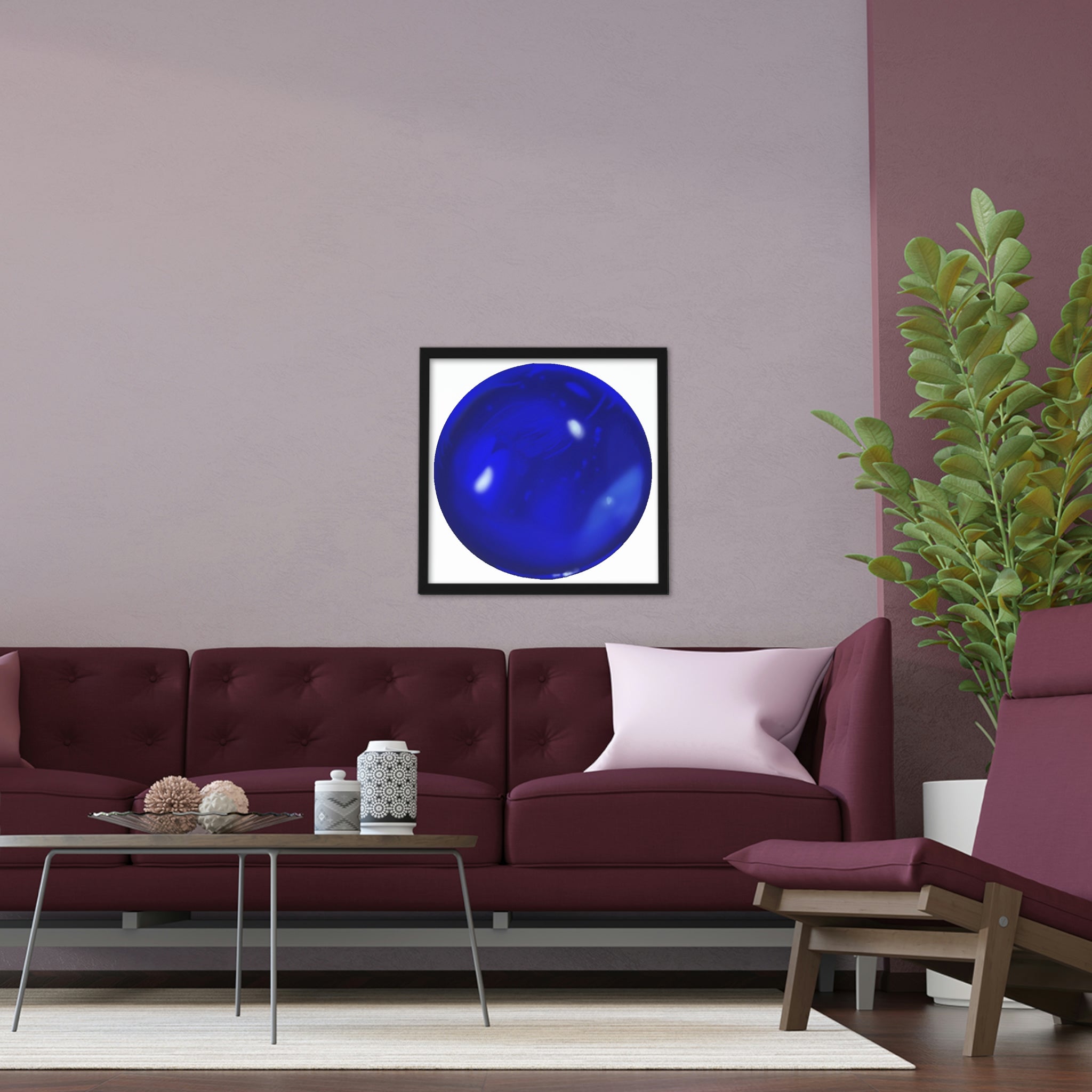 A beautifully framed Blue Orb poster showcasing vibrant colors and a hand-crafted wooden frame, perfect for home decor.