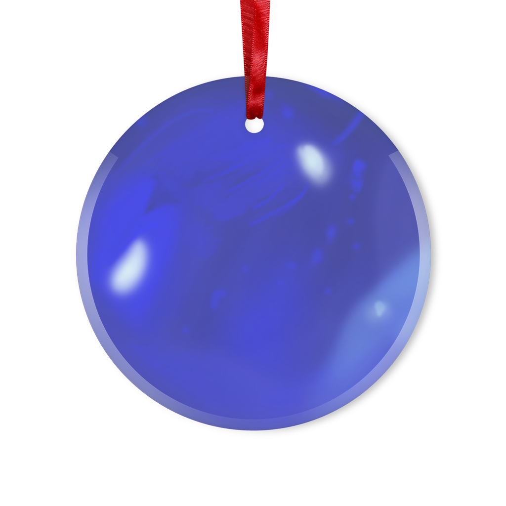 A beautiful blue orb glass hanging ornament with a red ribbon and gold string, perfect for Christmas decoration.