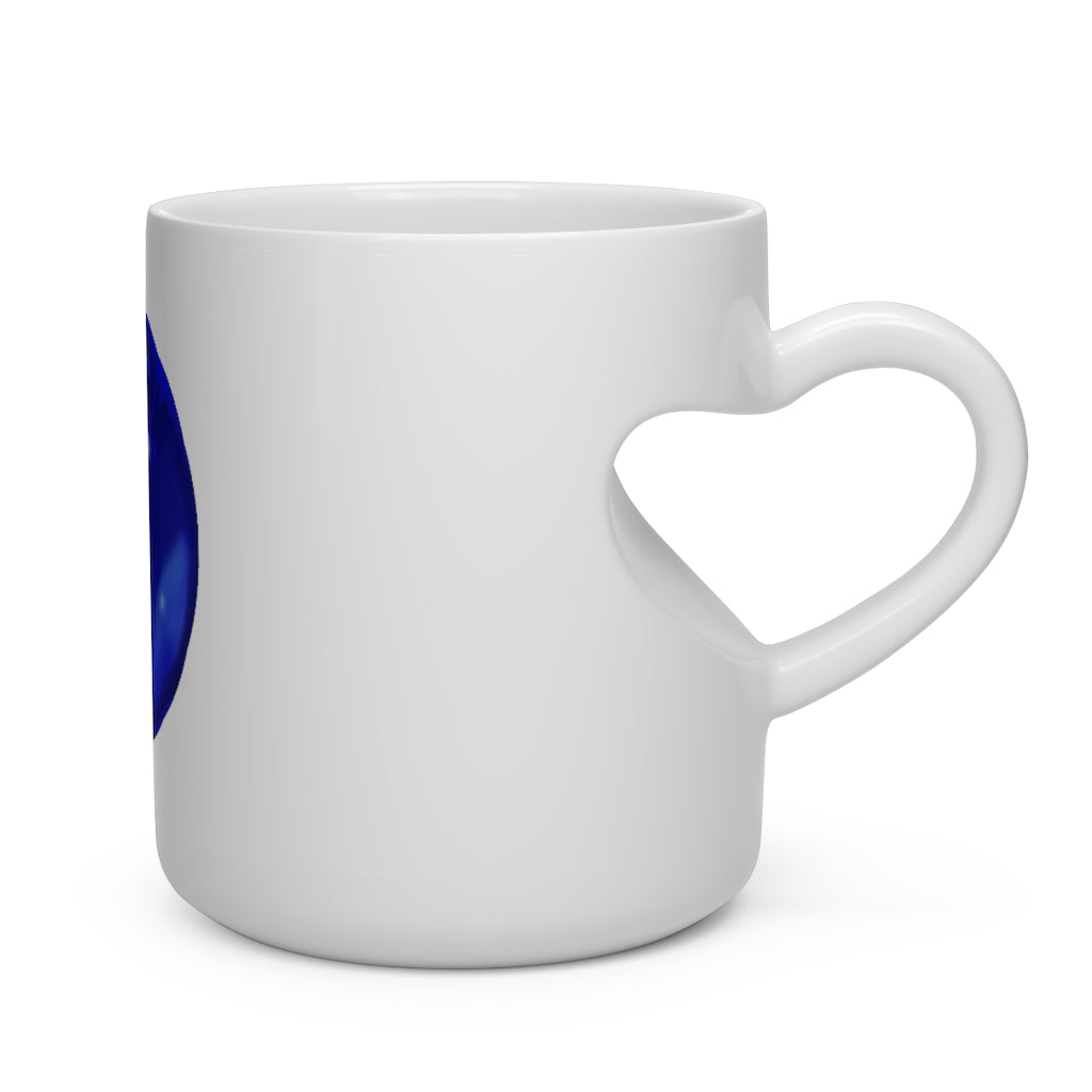 A white ceramic mug shaped like a heart with a heart-shaped handle, designed for hot beverages, showcasing a romantic and whimsical style.