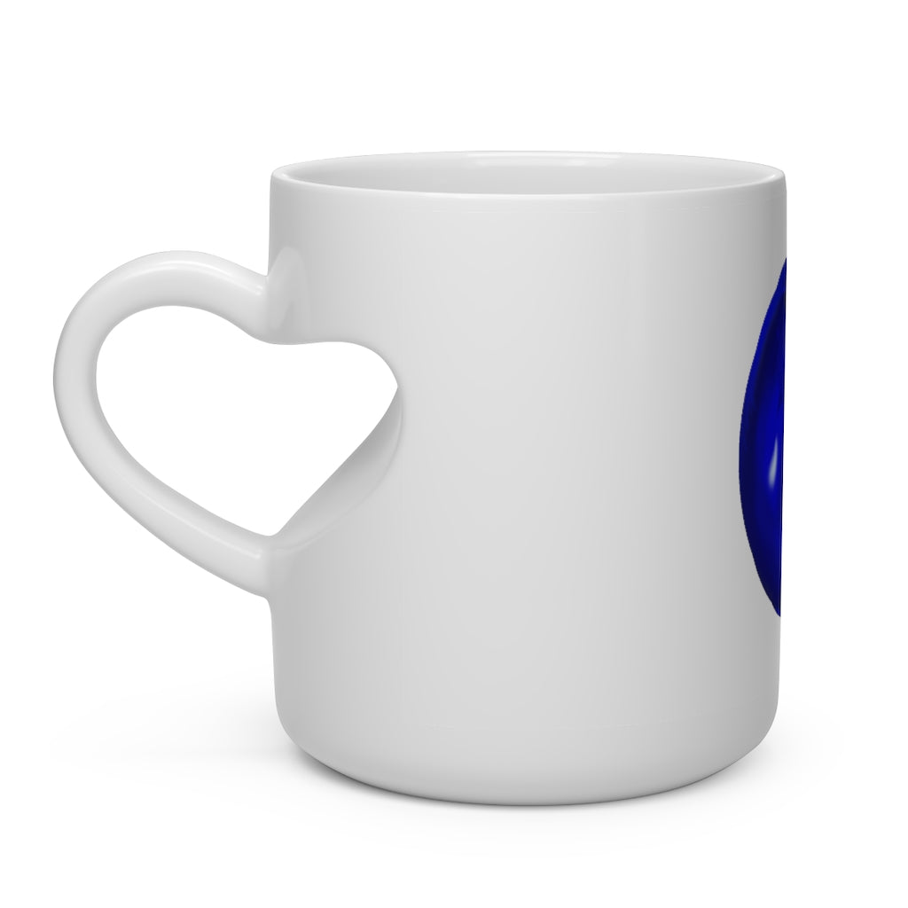 A white ceramic mug shaped like a heart with a heart-shaped handle, designed for hot beverages, showcasing a romantic and whimsical style.