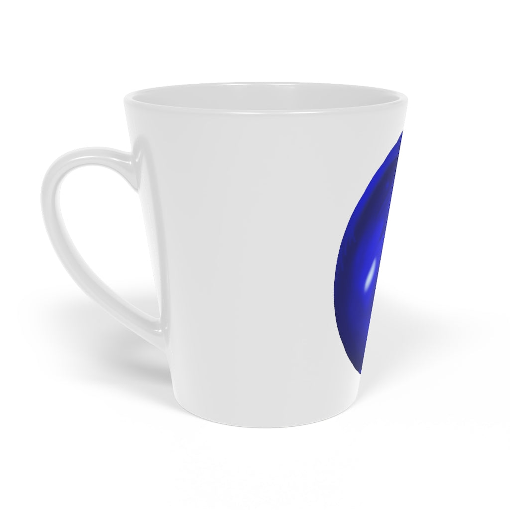 Blue Orb Latte Mug, 12oz, featuring a durable white ceramic body and easy-grip handle, perfect for personalized beverages.