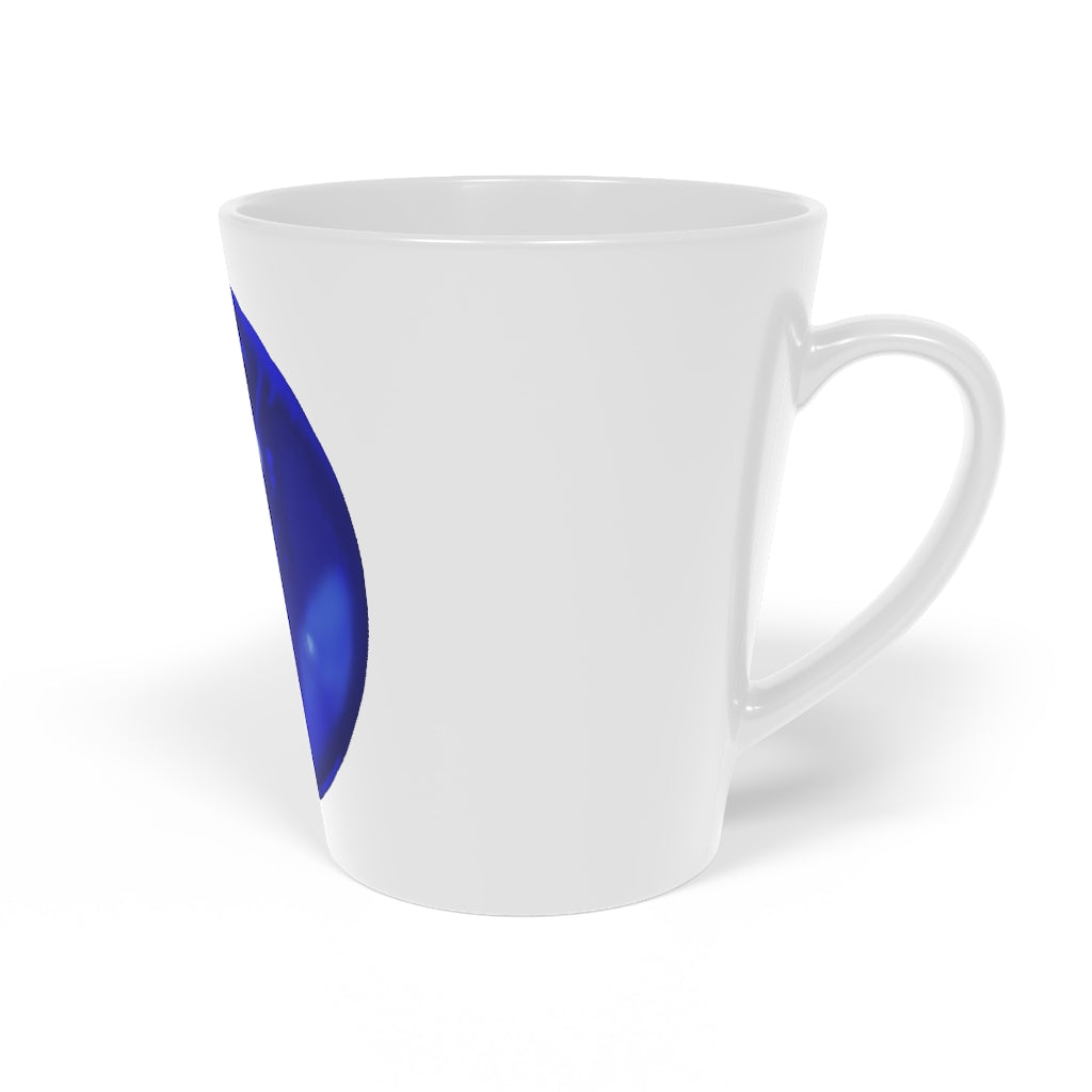 Blue Orb Latte Mug, 12oz, featuring a durable white ceramic body and easy-grip handle, perfect for personalized beverages.