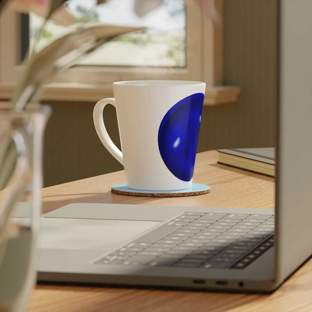 Blue Orb Latte Mug, 12oz, featuring a durable white ceramic body and easy-grip handle, perfect for personalized beverages.