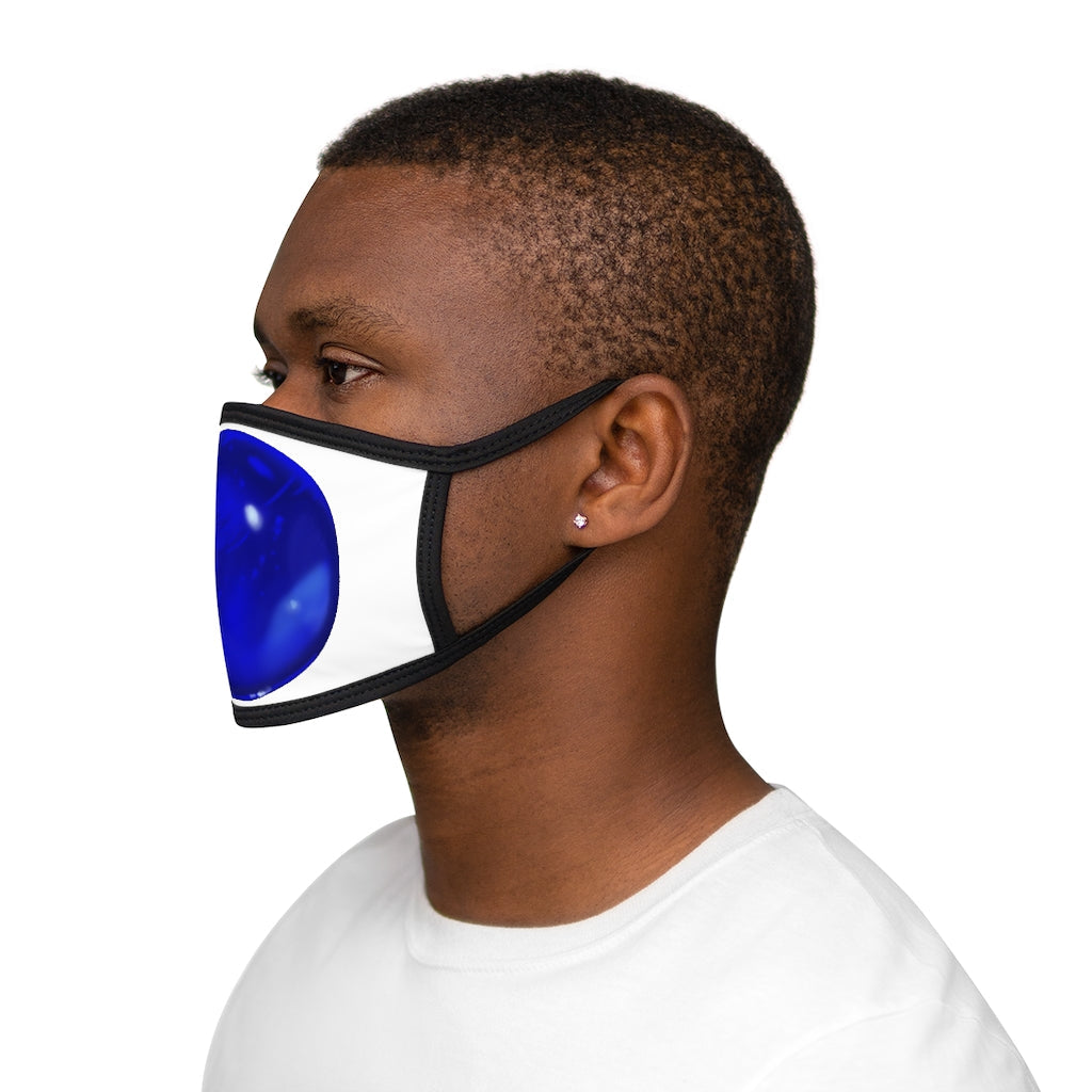 Blue Orb Mixed-Fabric Face Mask featuring a black outer edge and earloops, made from polyester and cotton.