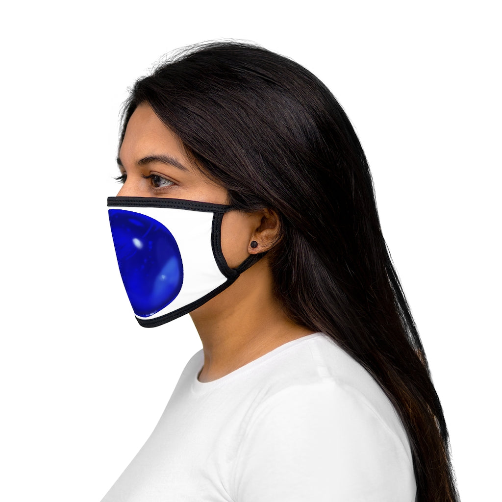 Blue Orb Mixed-Fabric Face Mask featuring a black outer edge and earloops, made from polyester and cotton.