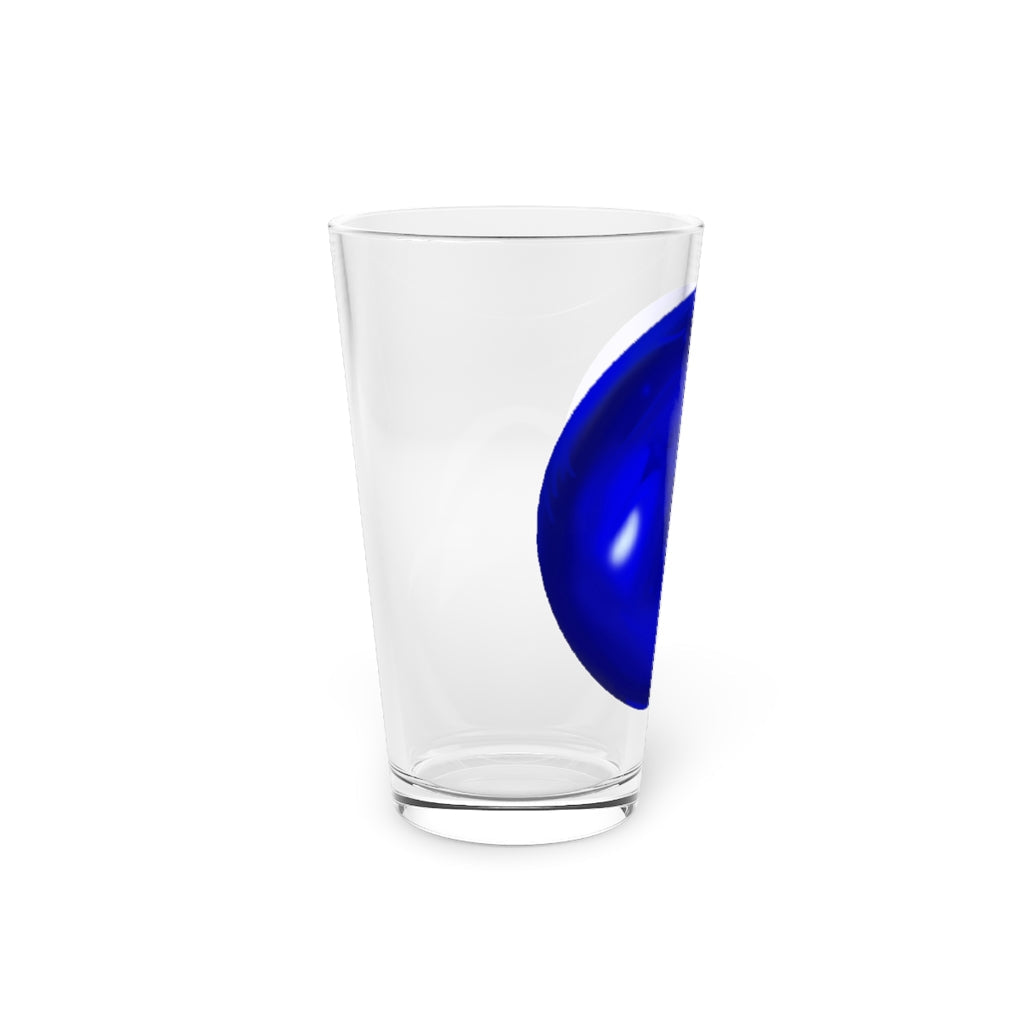 A clear 16oz Blue Orb Pint Glass showcasing its elegant design, perfect for personalized beverages.