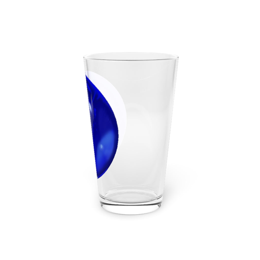 A clear 16oz Blue Orb Pint Glass showcasing its elegant design, perfect for personalized beverages.