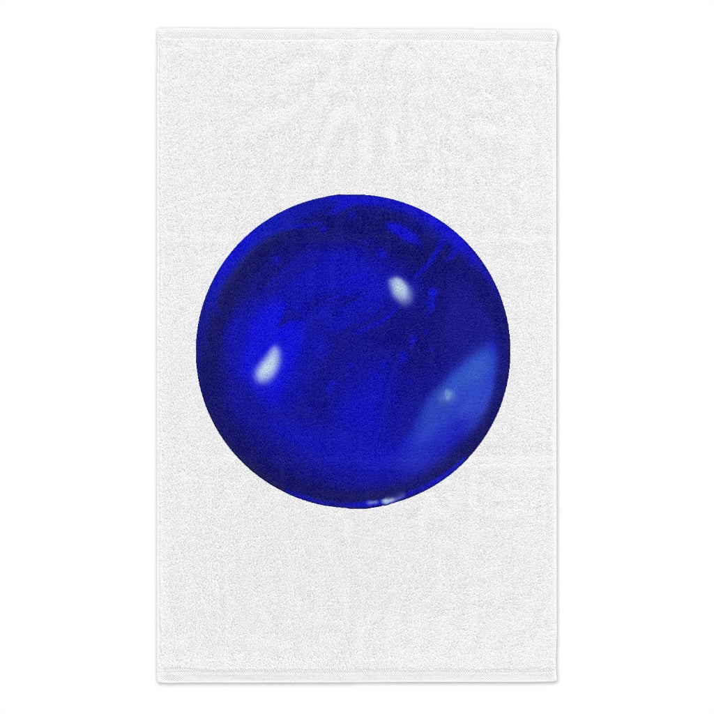 Blue Orb Rally Towel measuring 11x18 inches, featuring a soft cotton backing and printed mink polyester front.