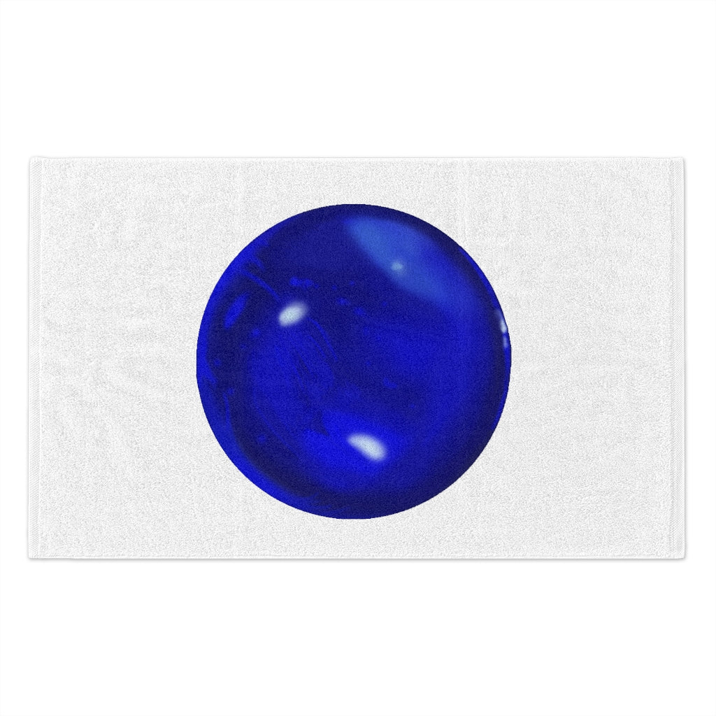 Blue Orb Rally Towel measuring 11x18 inches, featuring a soft cotton backing and printed mink polyester front.