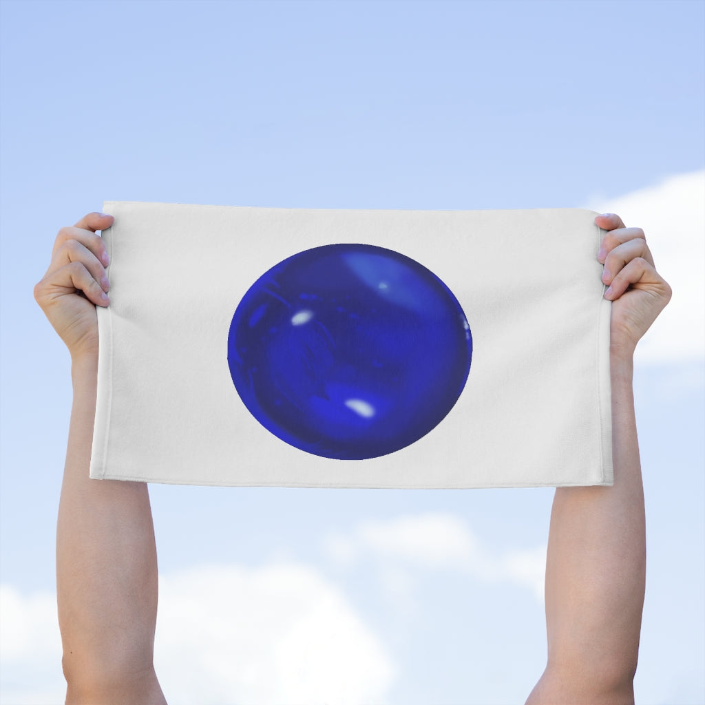 Blue Orb Rally Towel measuring 11x18 inches, featuring a soft cotton backing and printed mink polyester front.