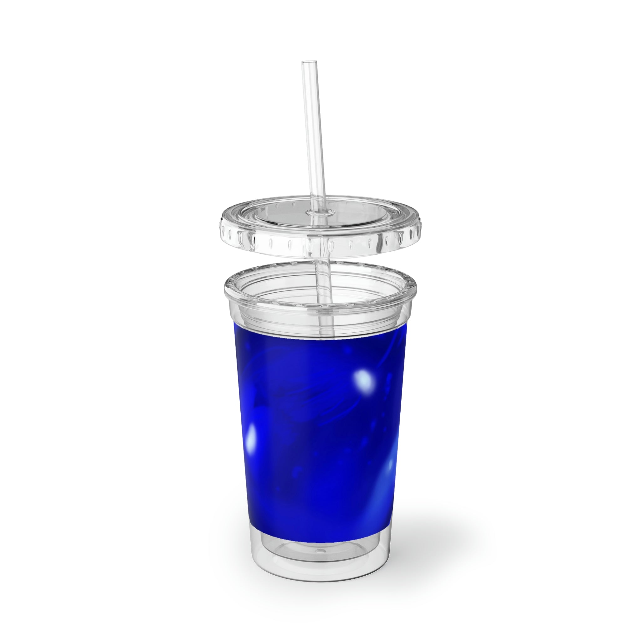 Blue Orb Suave Acrylic Cup with double-wall insulation, featuring a vibrant design and a reusable straw.