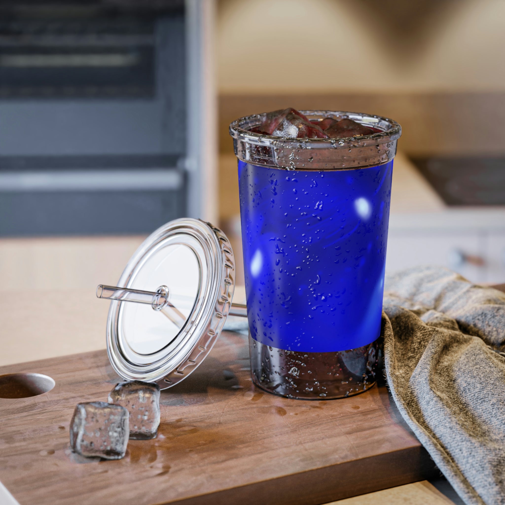 Blue Orb Suave Acrylic Cup with double-wall insulation, featuring a vibrant design and a reusable straw.