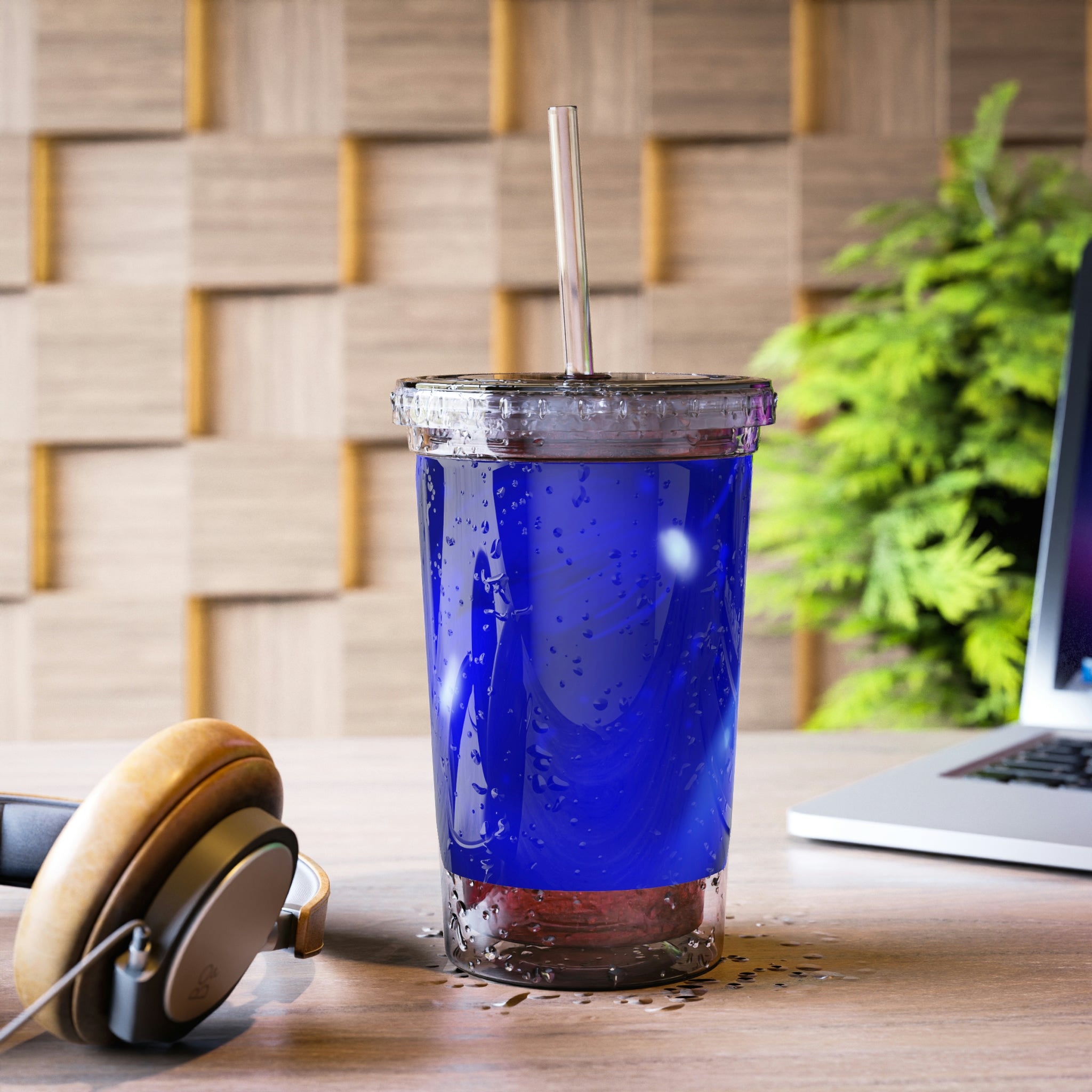 Blue Orb Suave Acrylic Cup with double-wall insulation, featuring a vibrant design and a reusable straw.