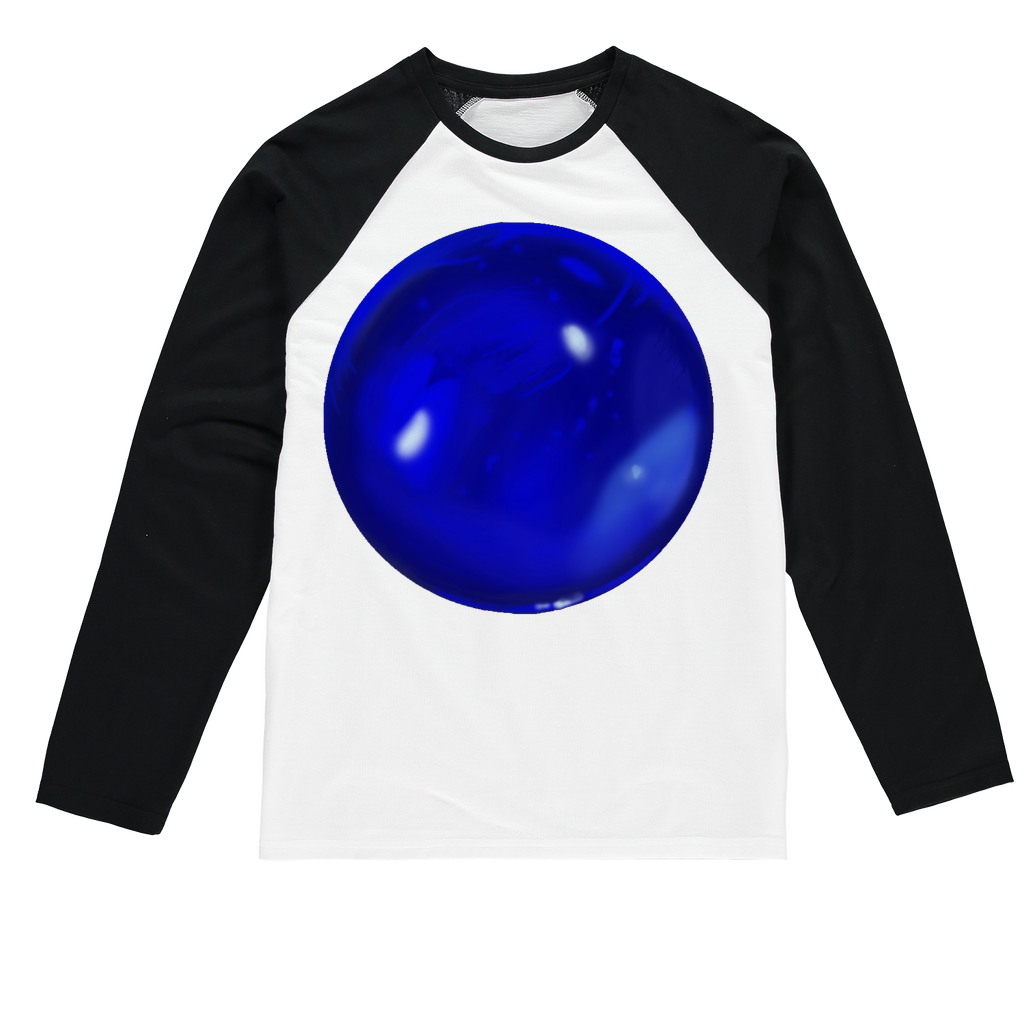 Blue Orb Sublimation Baseball Long Sleeve T-Shirt featuring a crew neck and long sleeves, designed for sublimation printing.