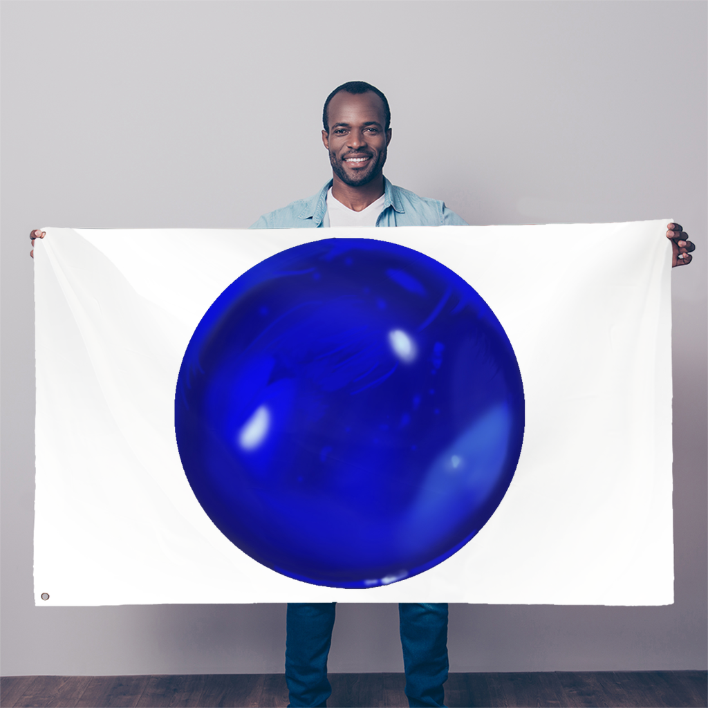 Blue Orb Sublimation Flag featuring vibrant colors and double-stitched edges, ideal for indoor and outdoor display.