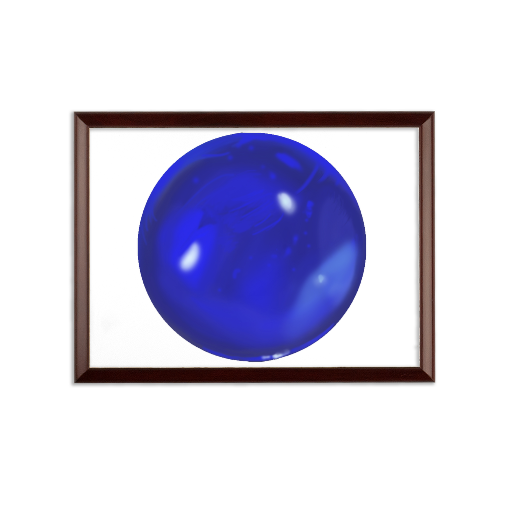 Blue Orb Sublimation Wall Plaque with brown wooden frame and white printable surface, ideal for custom awards and certificates.