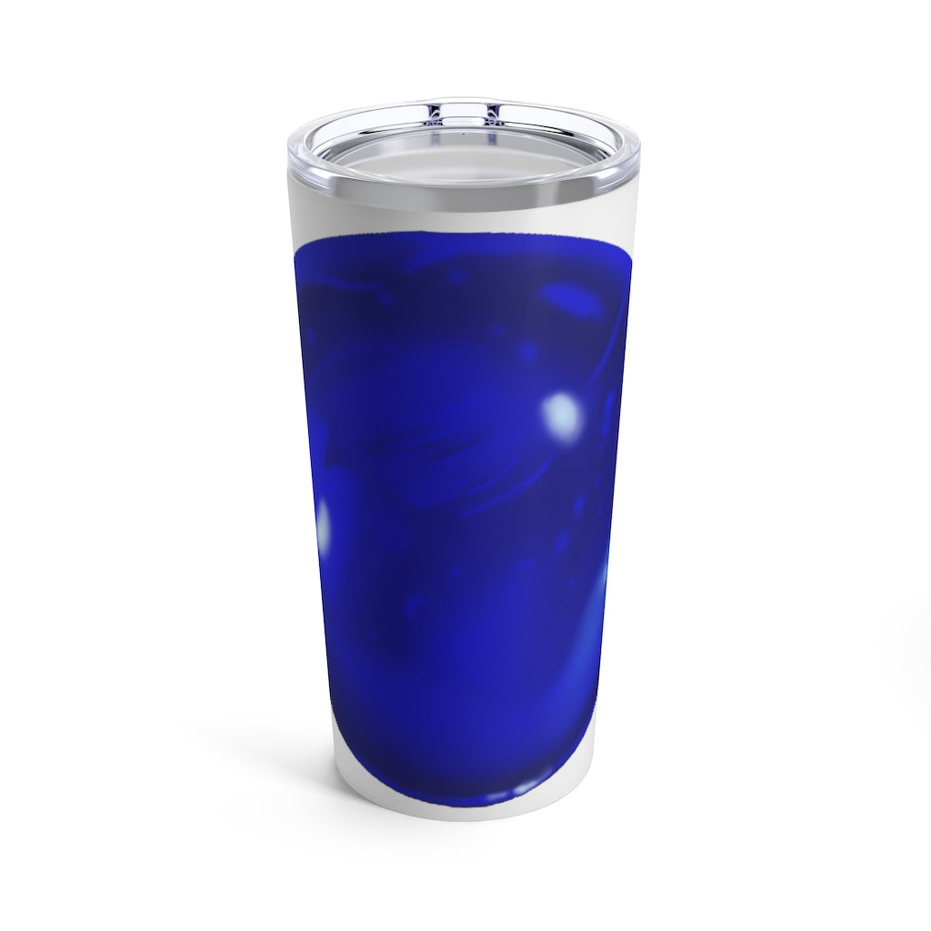 Blue Orb Tumbler 20oz made of stainless steel with a see-thru plastic lid, showcasing a vibrant blue color and sleek design.