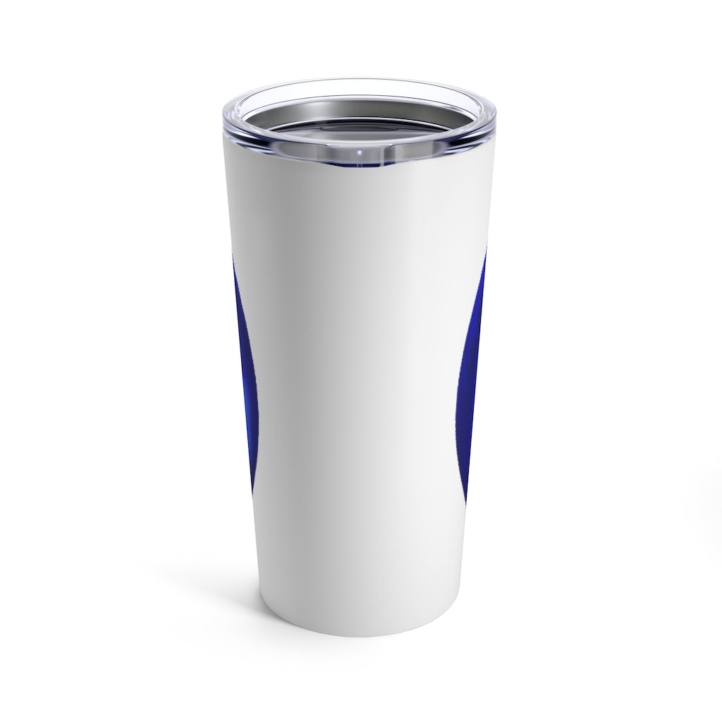 Blue Orb Tumbler 20oz made of stainless steel with a see-thru plastic lid, showcasing a vibrant blue color and sleek design.