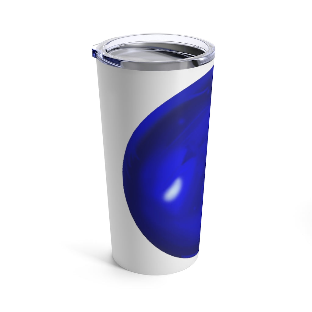 Blue Orb Tumbler 20oz made of stainless steel with a see-thru plastic lid, showcasing a vibrant blue color and sleek design.