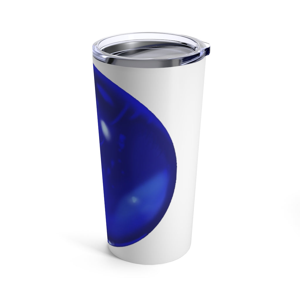 Blue Orb Tumbler 20oz made of stainless steel with a see-thru plastic lid, showcasing a vibrant blue color and sleek design.