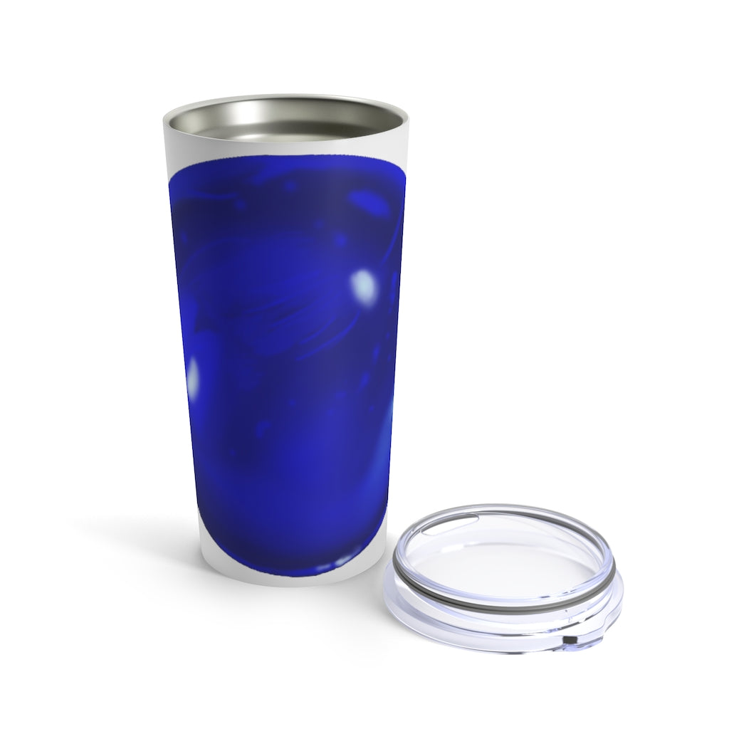 Blue Orb Tumbler 20oz made of stainless steel with a see-thru plastic lid, showcasing a vibrant blue color and sleek design.