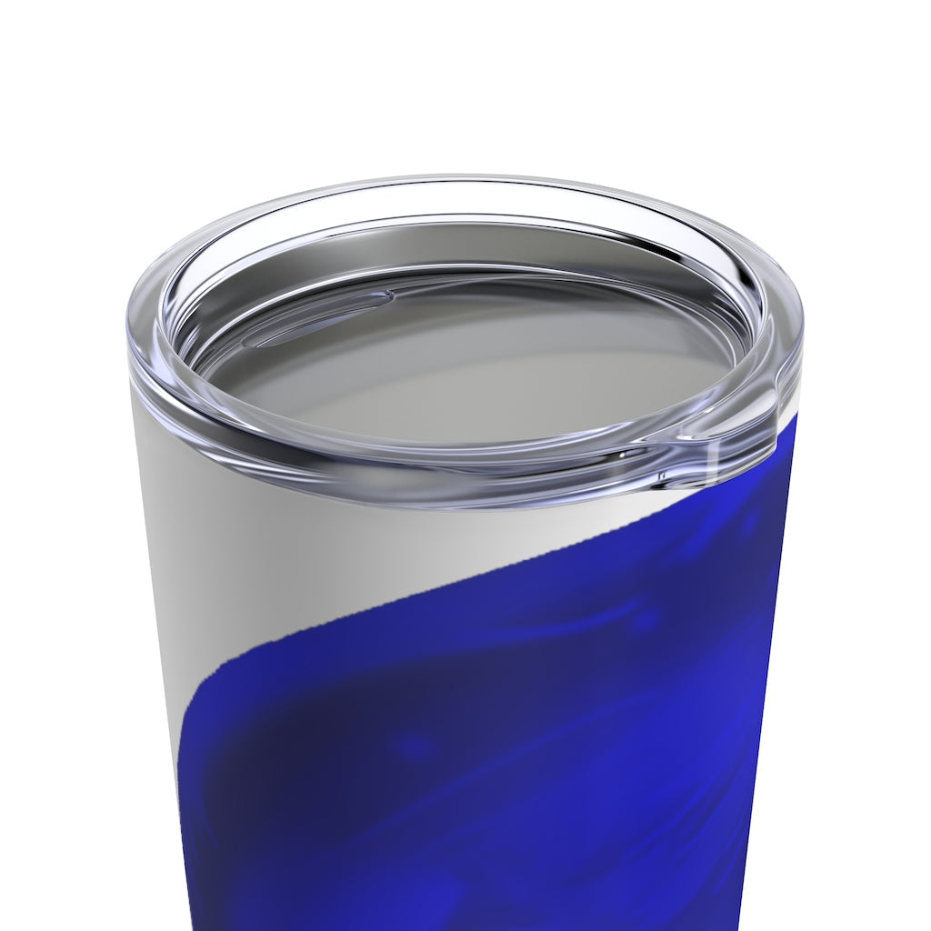 Blue Orb Tumbler 20oz made of stainless steel with a see-thru plastic lid, showcasing a vibrant blue color and sleek design.