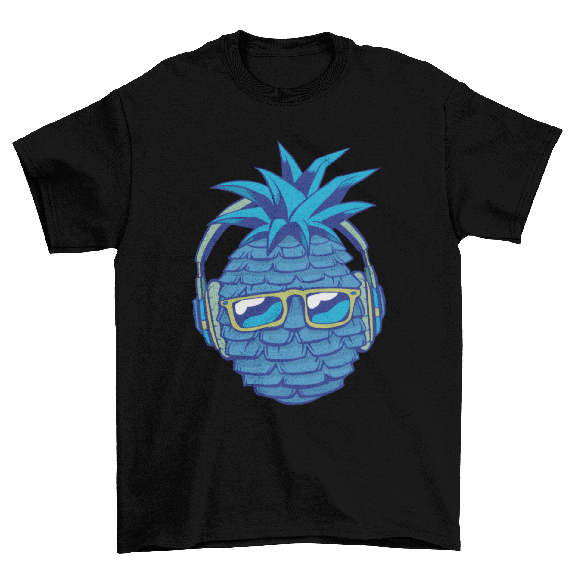 A vibrant blue T-shirt featuring a whimsical blue pineapple wearing headphones and listening to music.