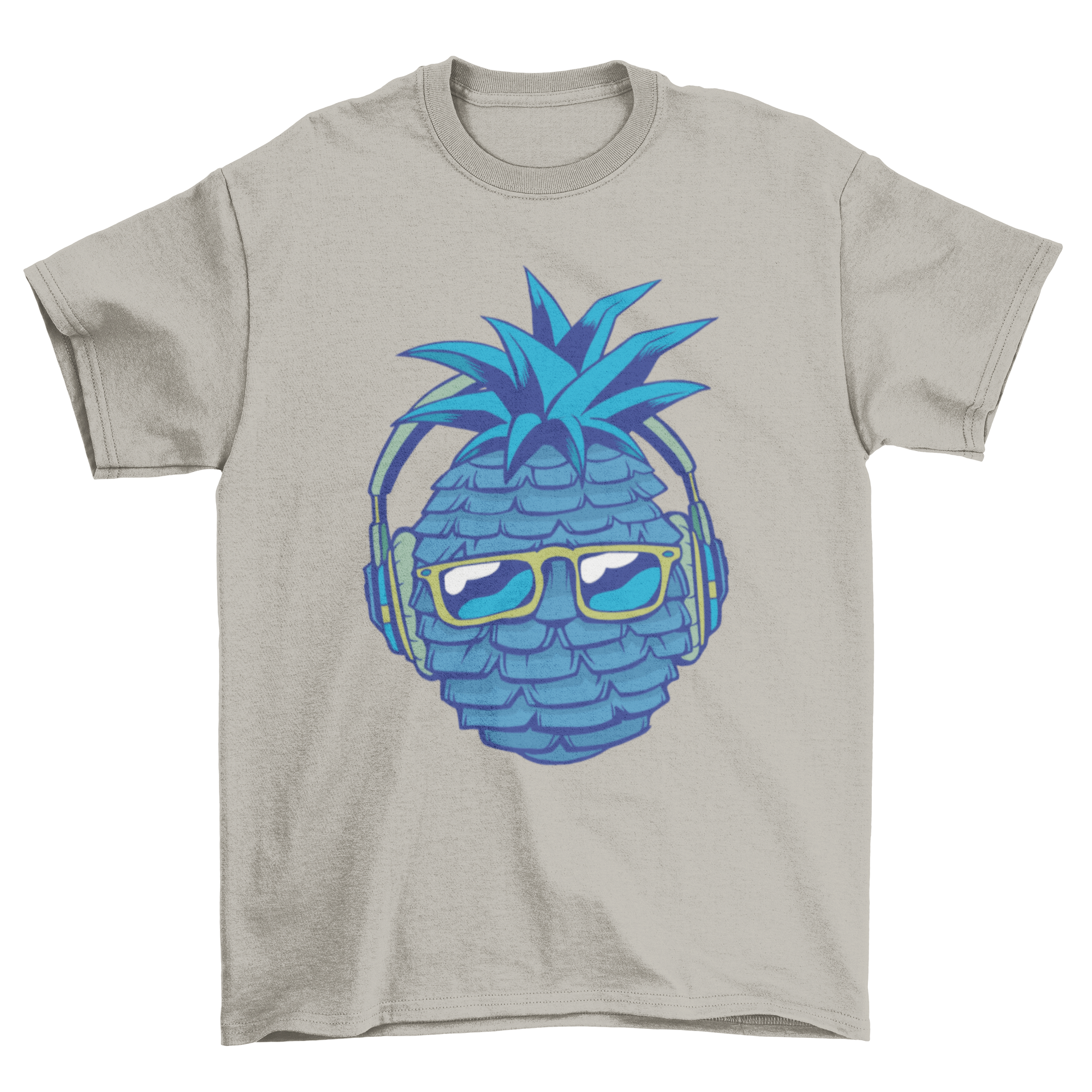 A vibrant blue T-shirt featuring a whimsical blue pineapple wearing headphones and listening to music.