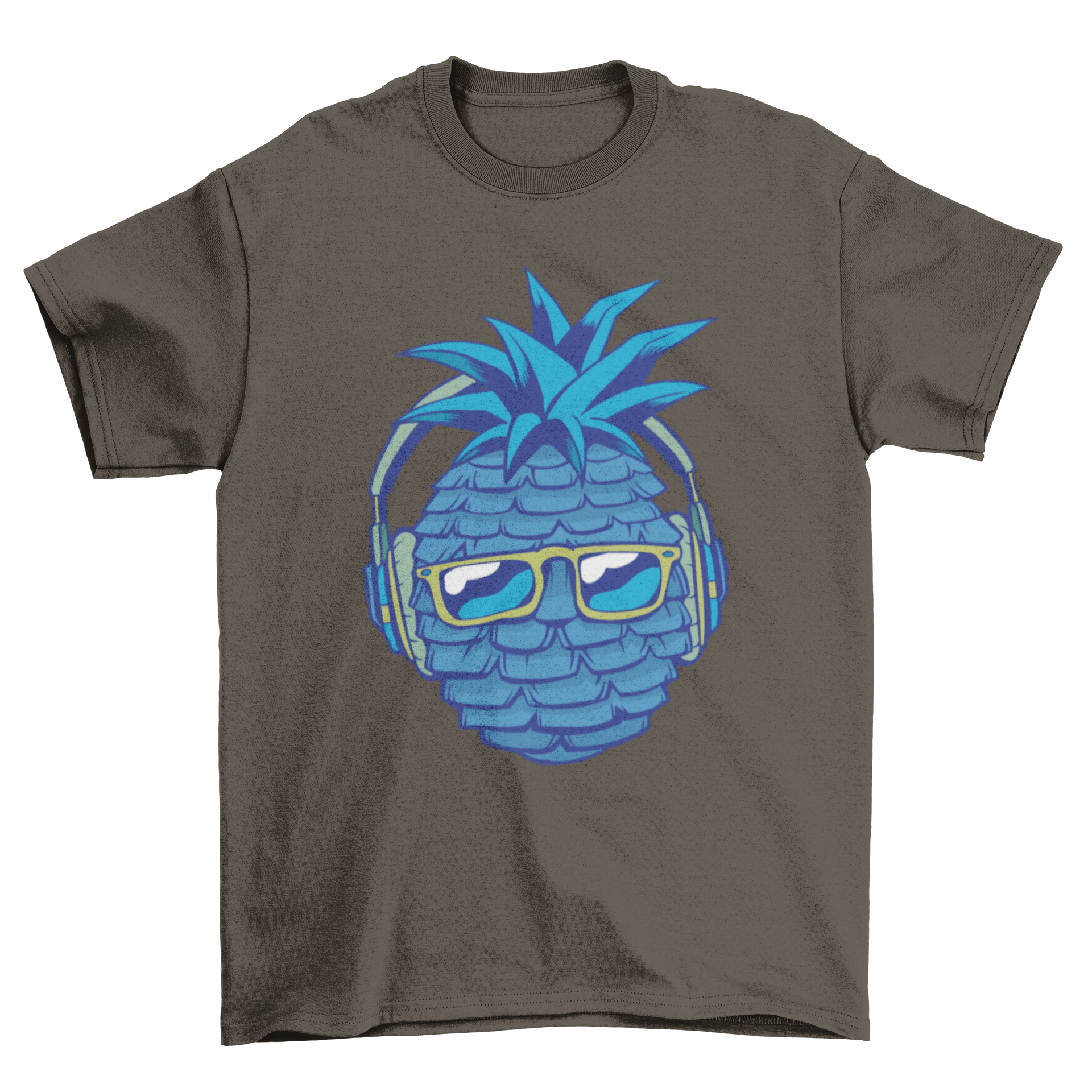 A vibrant blue T-shirt featuring a whimsical blue pineapple wearing headphones and listening to music.