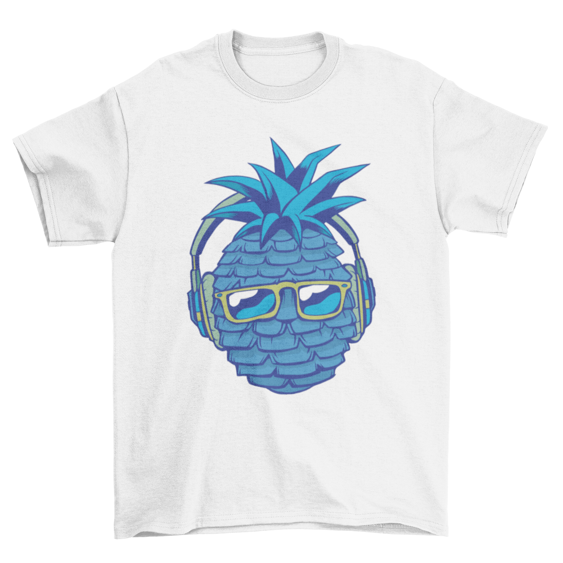 A vibrant blue T-shirt featuring a whimsical blue pineapple wearing headphones and listening to music.