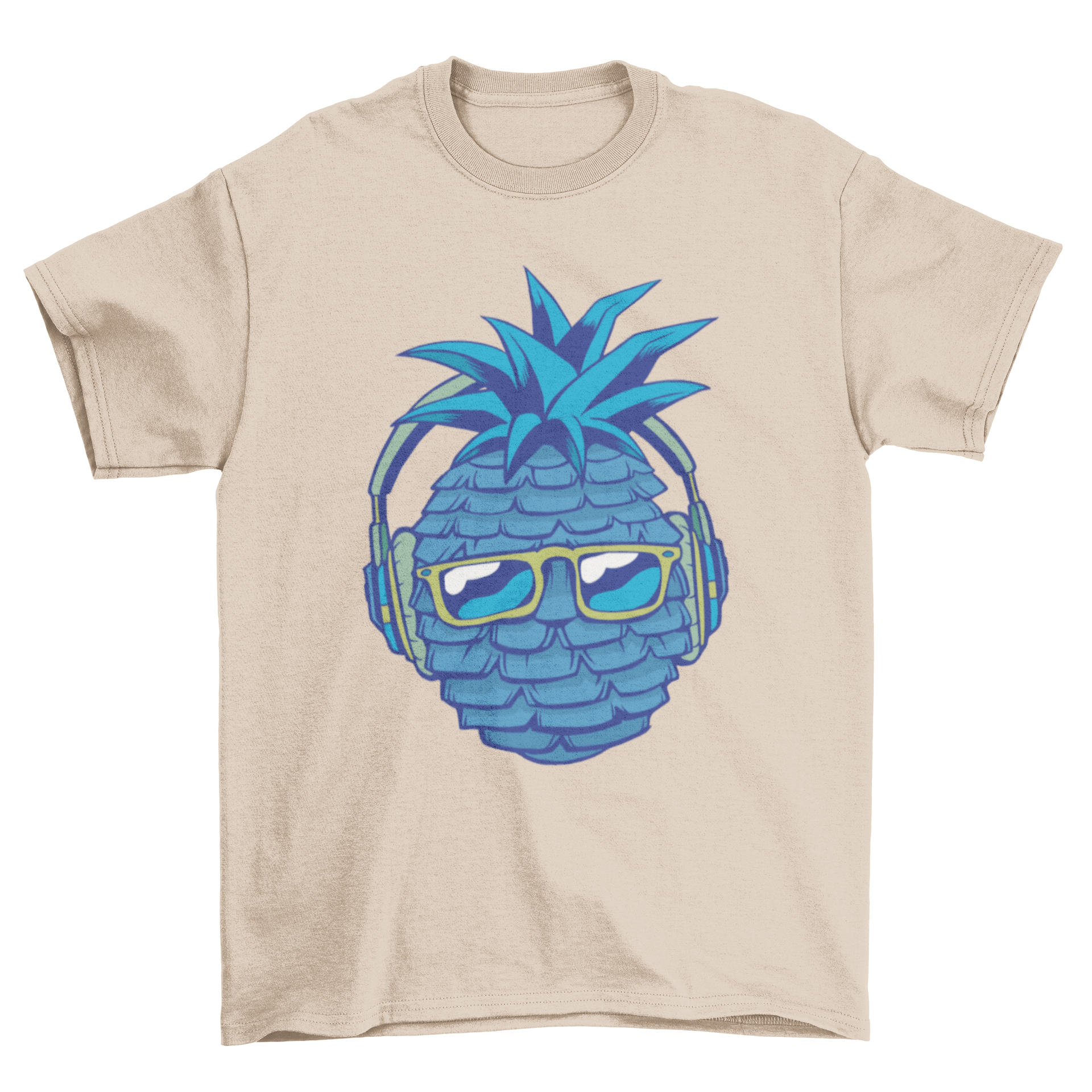 A vibrant blue T-shirt featuring a whimsical blue pineapple wearing headphones and listening to music.