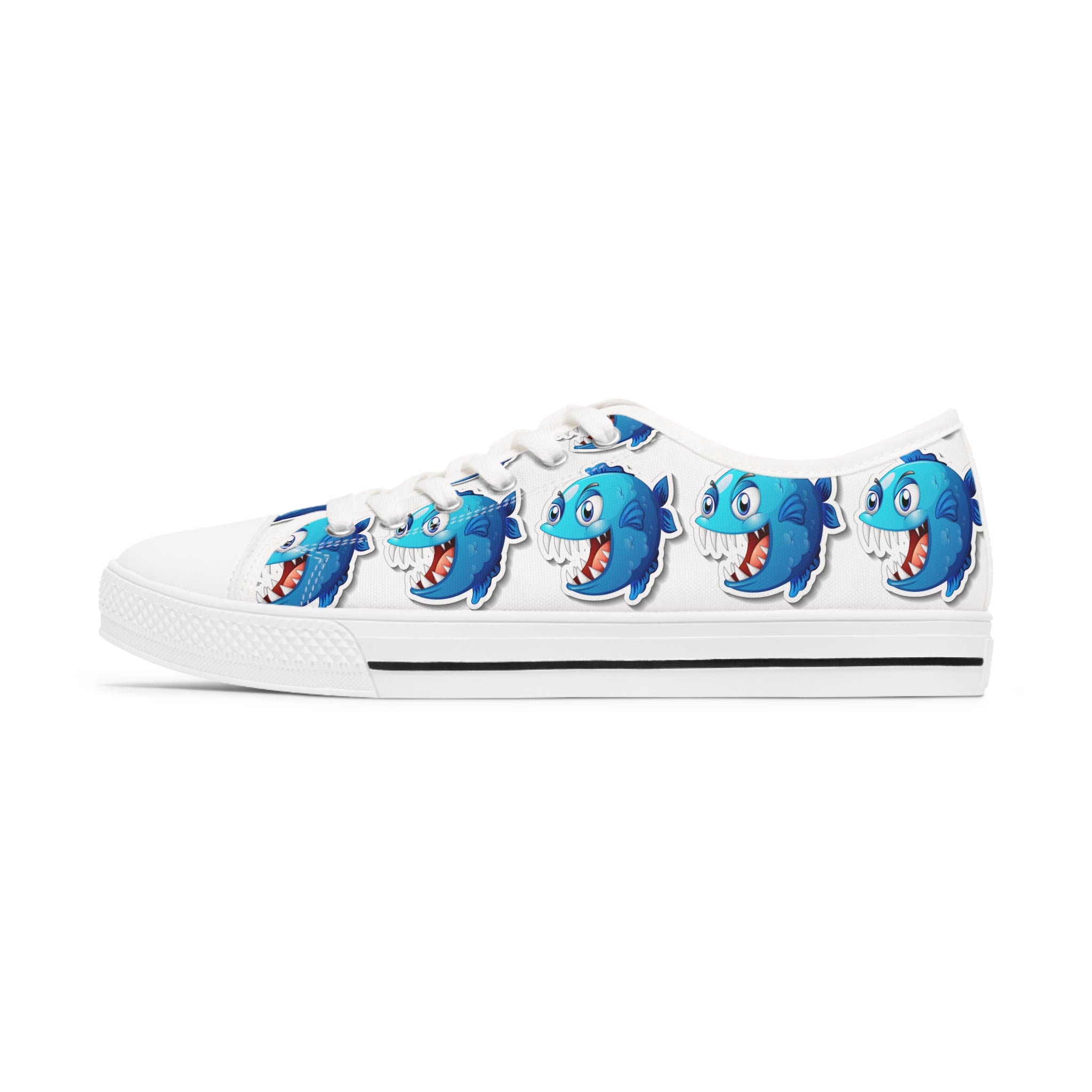 Blue Piranha Women's Low Top Sneakers featuring breathable canvas, memory foam insoles, and customizable design options in black and white.