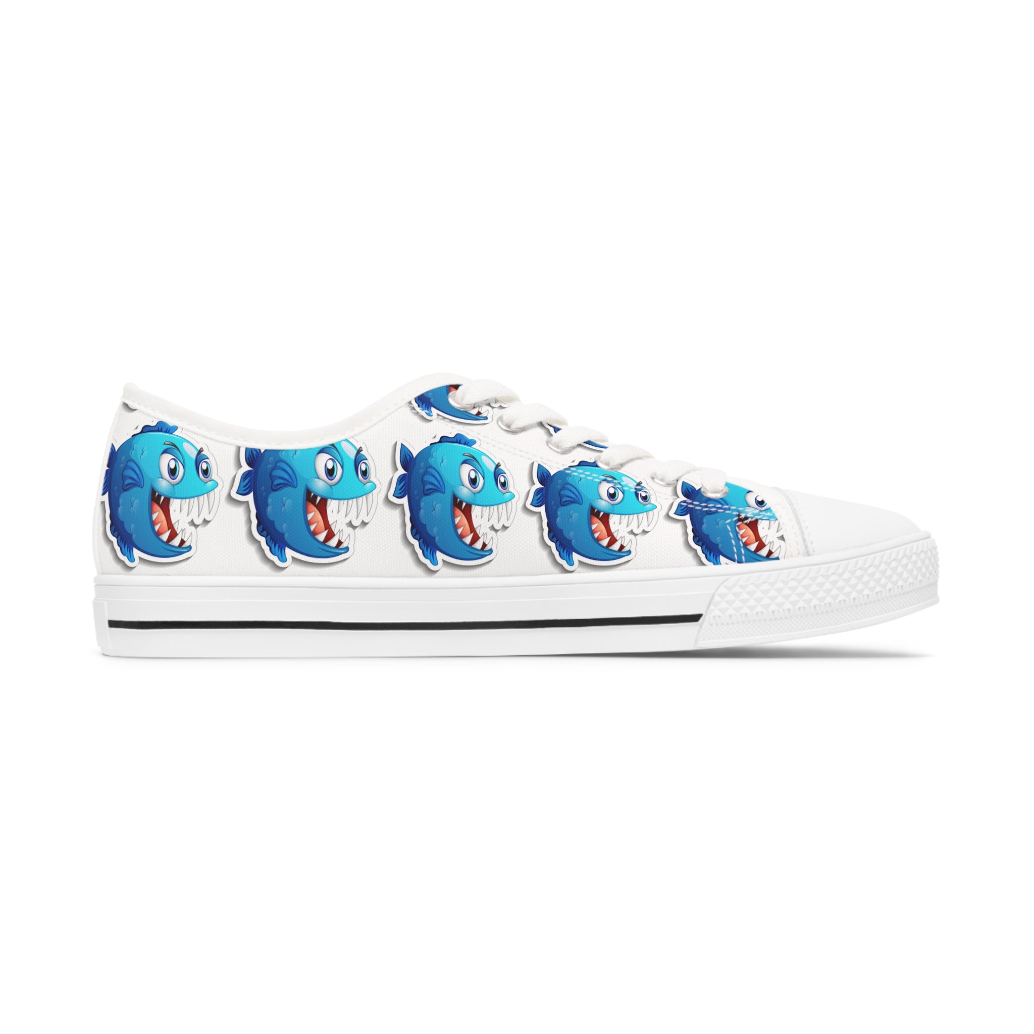 Blue Piranha Women's Low Top Sneakers featuring breathable canvas, memory foam insoles, and customizable design options in black and white.