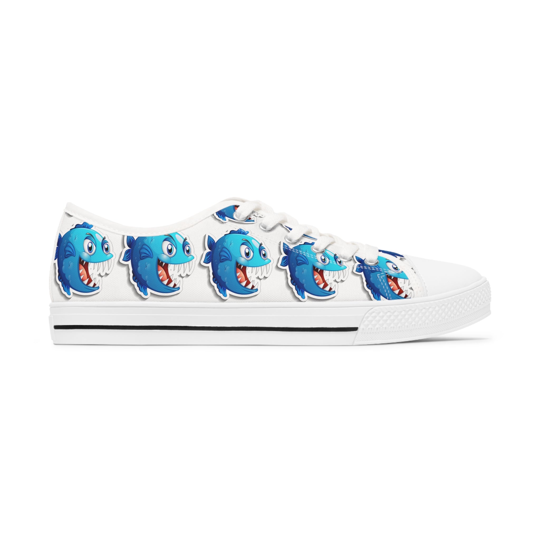 Blue Piranha Women's Low Top Sneakers featuring breathable canvas, memory foam insoles, and customizable design options in black and white.