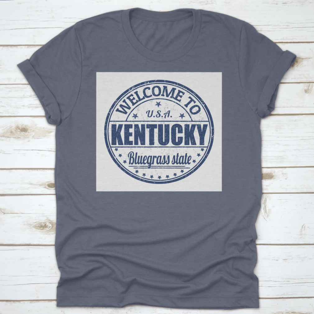 Blue Round Logo T-shirt featuring 'Welcome To Kentucky, Bluegrass State' design, showcasing a classic fit and quality fabric.