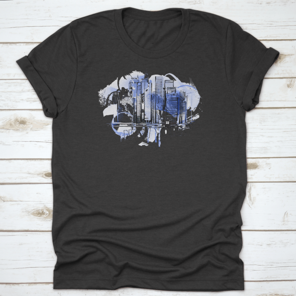 A stylish blue skyline drawing shirt featuring a city building illustration, perfect for art lovers.