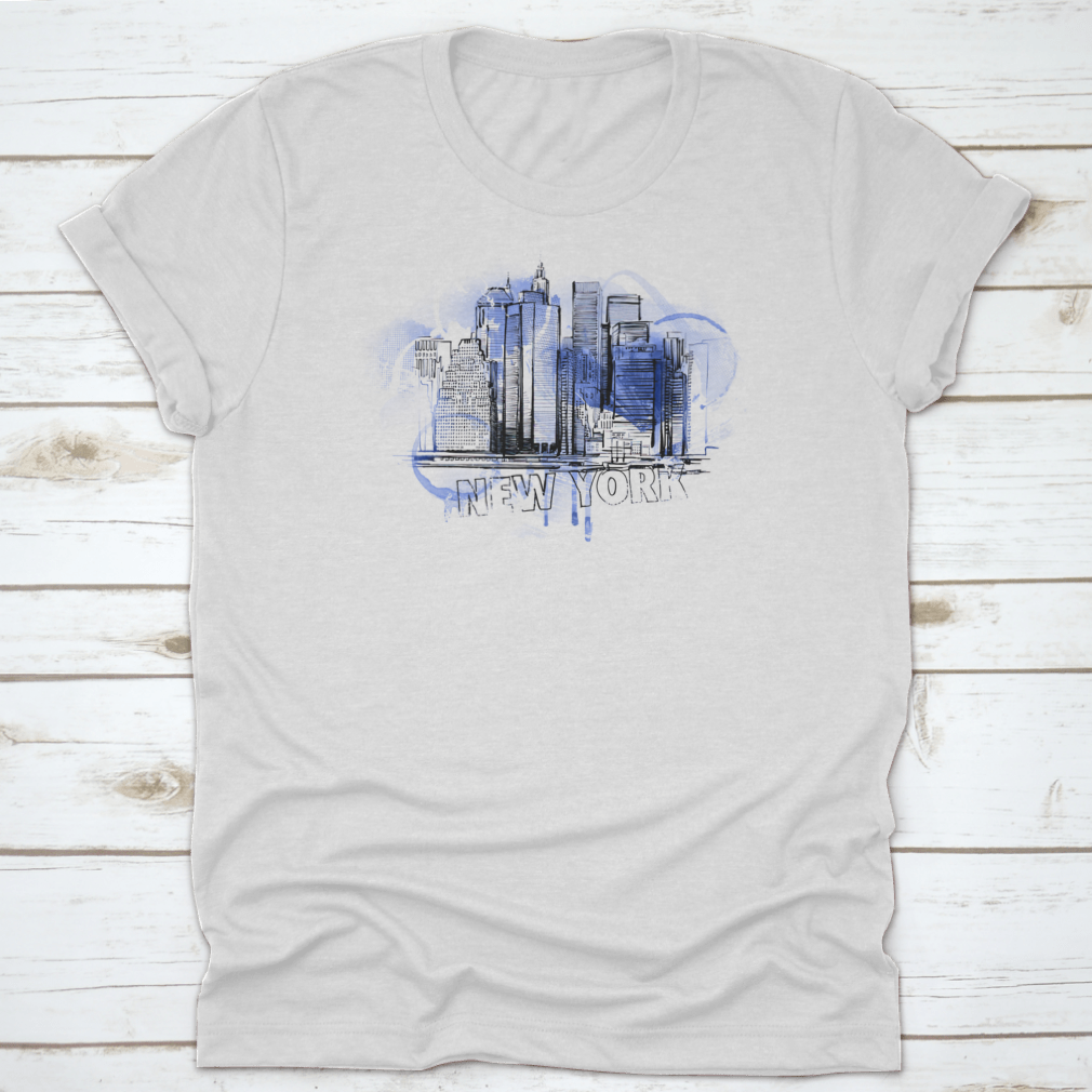 A stylish blue skyline drawing shirt featuring a city building illustration, perfect for art lovers.