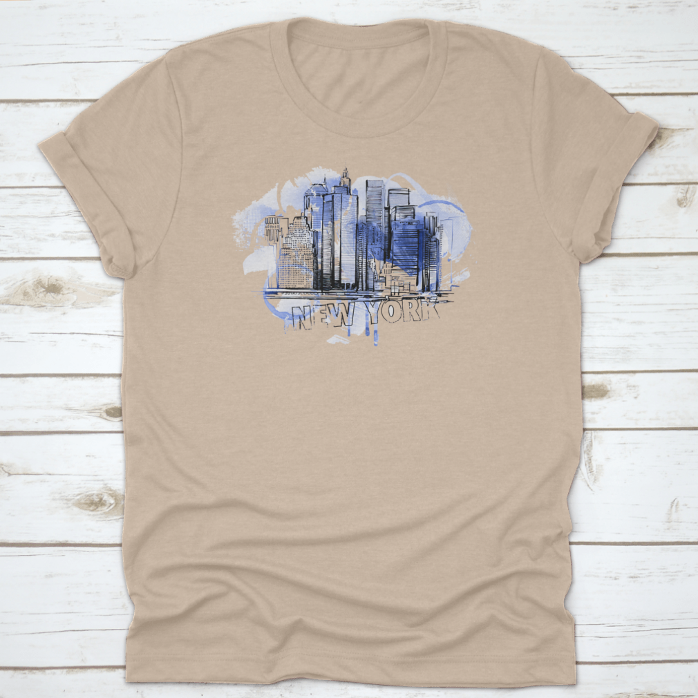 A stylish blue skyline drawing shirt featuring a city building illustration, perfect for art lovers.