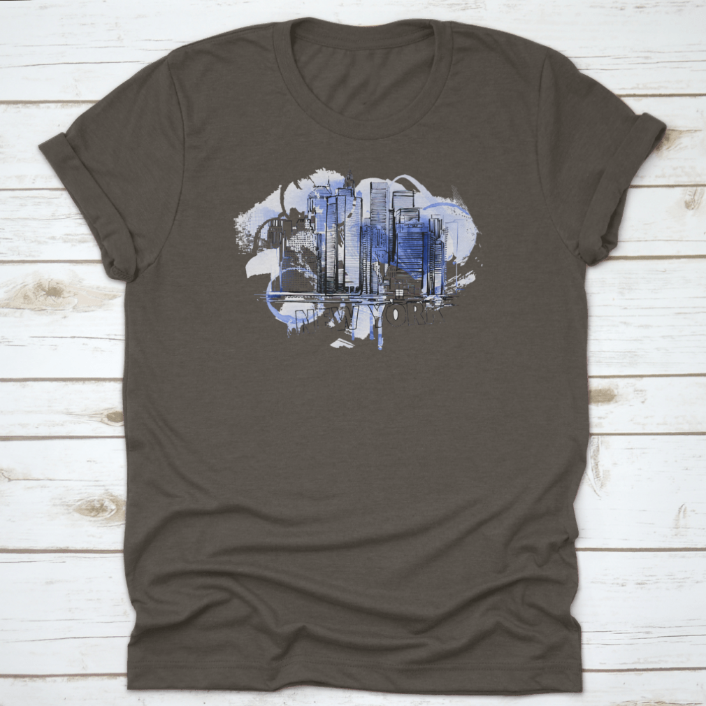 A stylish blue skyline drawing shirt featuring a city building illustration, perfect for art lovers.