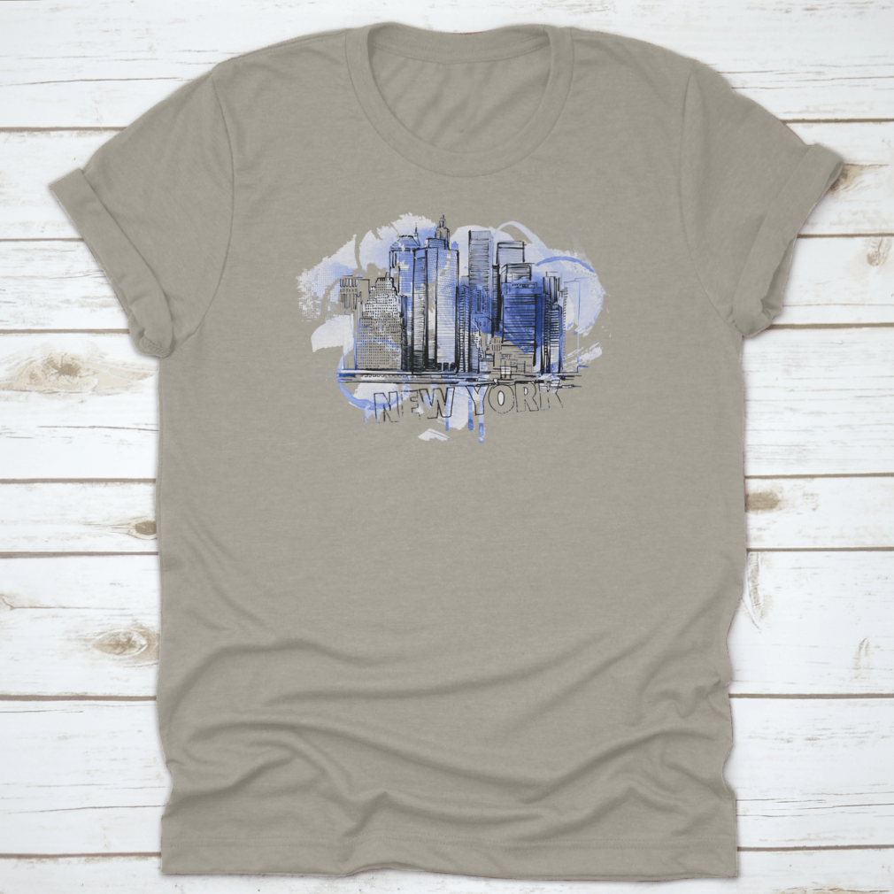 A stylish blue skyline drawing shirt featuring a city building illustration, perfect for art lovers.