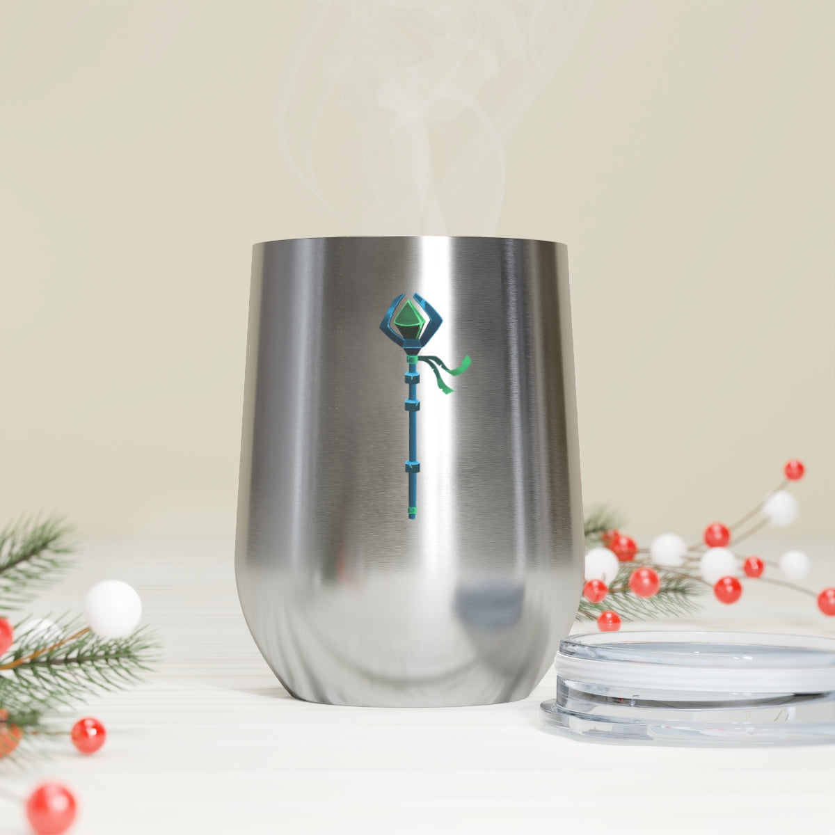 Blue Staff 12oz Insulated Wine Tumbler with clear lid, showcasing its sleek stainless steel design and double-wall insulation.