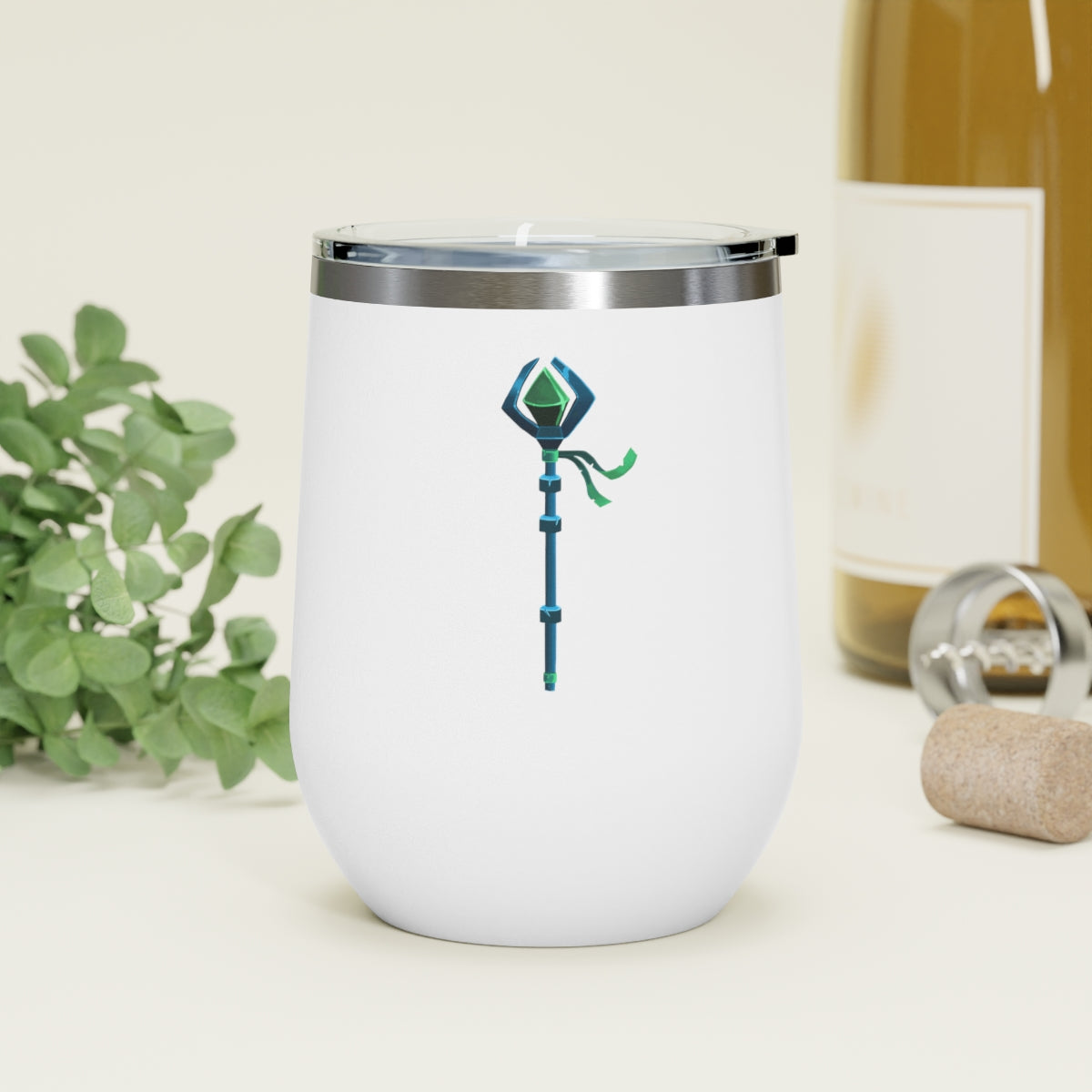 Blue Staff 12oz Insulated Wine Tumbler with clear lid, showcasing its sleek stainless steel design and double-wall insulation.