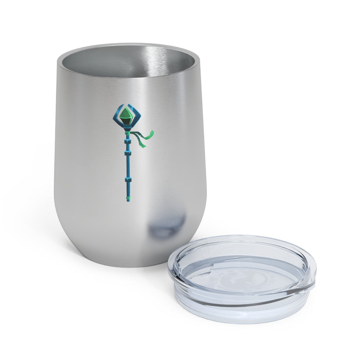 Blue Staff 12oz Insulated Wine Tumbler with clear lid, showcasing its sleek stainless steel design and double-wall insulation.