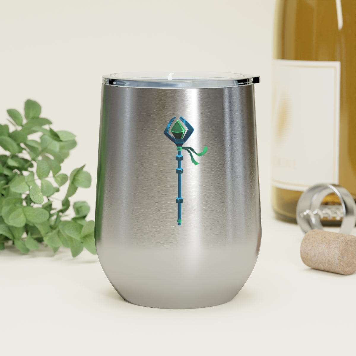 Blue Staff 12oz Insulated Wine Tumbler with clear lid, showcasing its sleek stainless steel design and double-wall insulation.